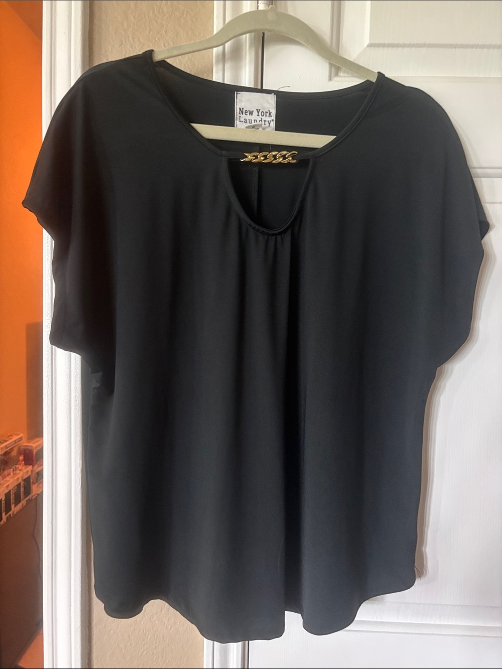 New York Laundry Black Short Sleeve Top with Gold Chain Accent